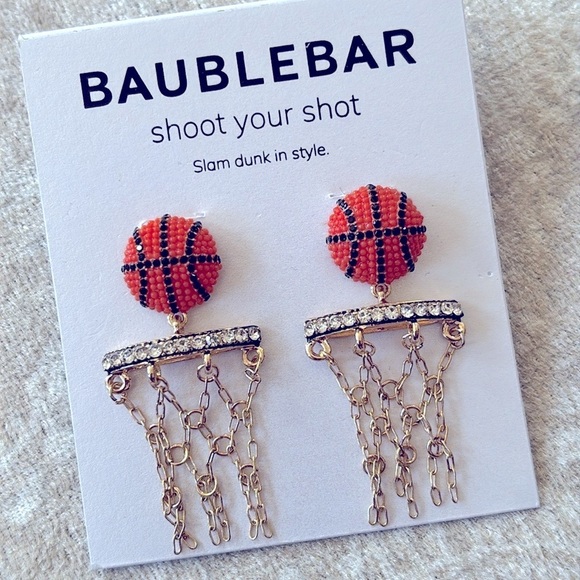 Brand New BaubleBar Basketball Drop Earrings Gold Tone Chain Net March Madness - Picture 3 of 12